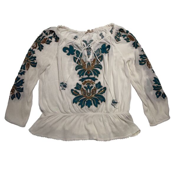 Soft Surroundings White Blue Embroidered Tunic Blouse Top M Medium Shirt Tassel - Picture 1 of 10